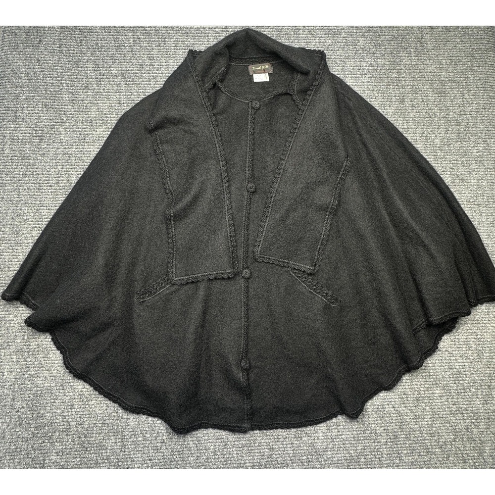 Invisible World Cape Womens One Size Black Alpaca Knit Button Front Kimono Wrap